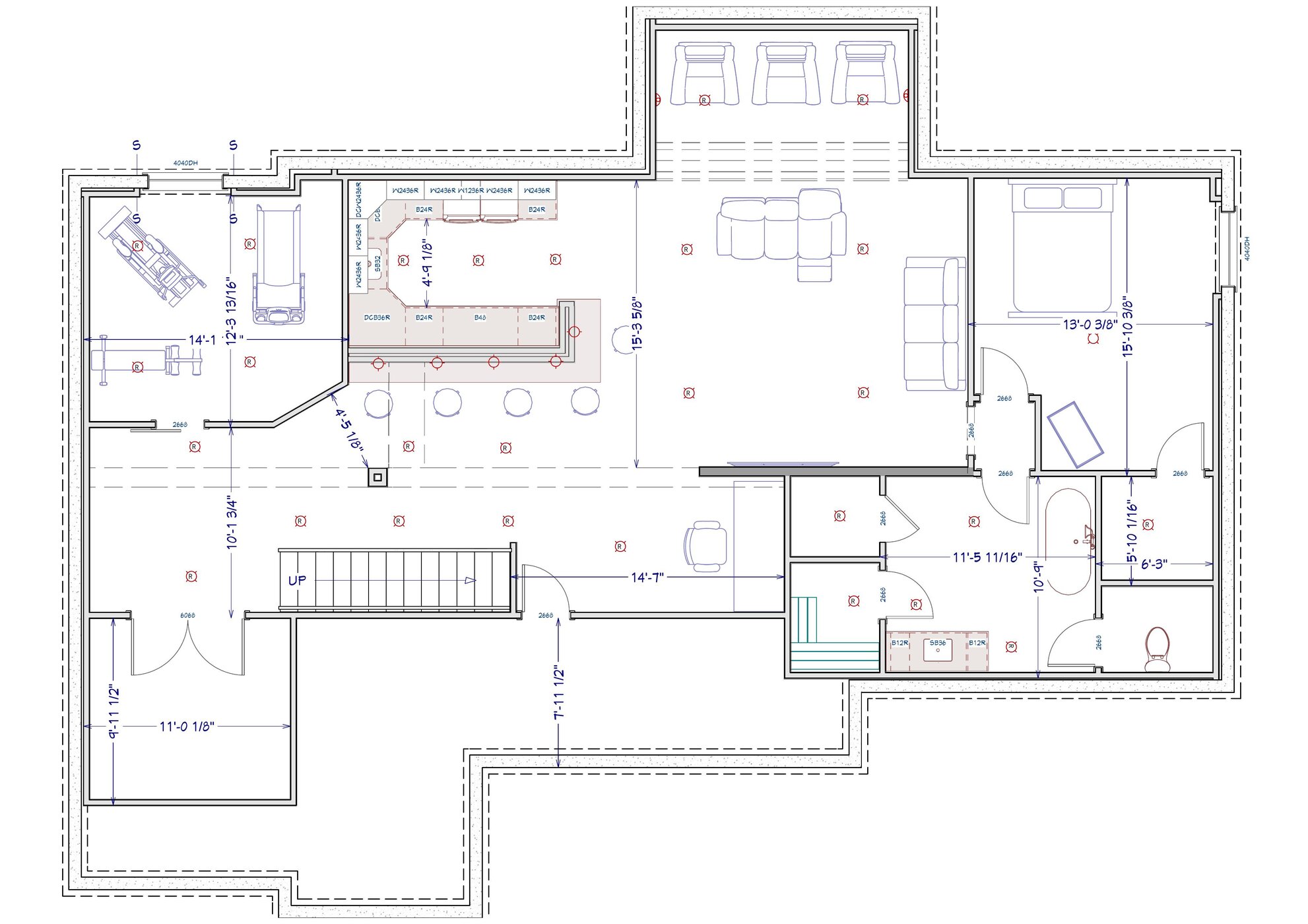 Detailed custom basement floor plan prepared for construction